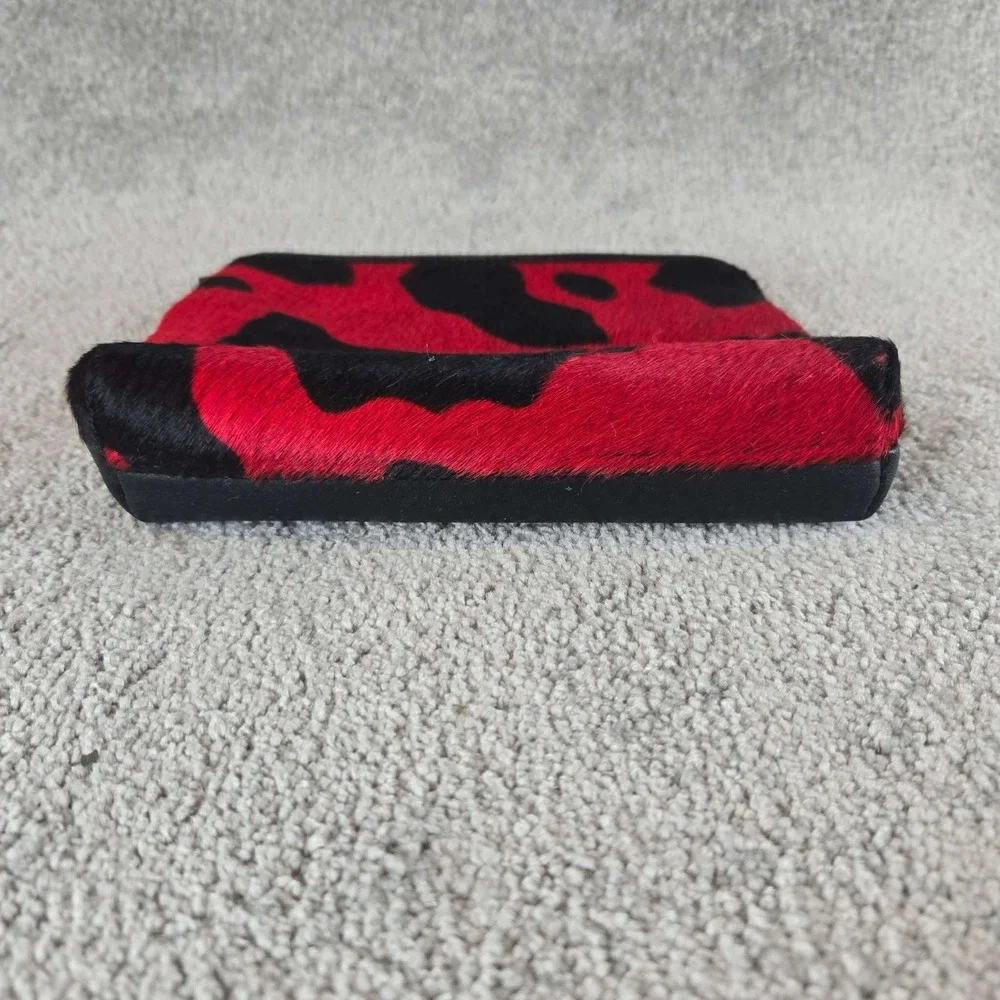SB Pouch Red Black Cow Print Calf Hair Leather Cosmetic Bag Womens Small Size